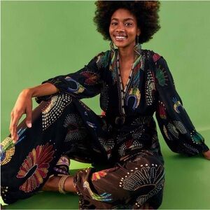 New Farm Rio Yawanana Wonderful Headdress Long Sleeve Black Jumpsuit size XS